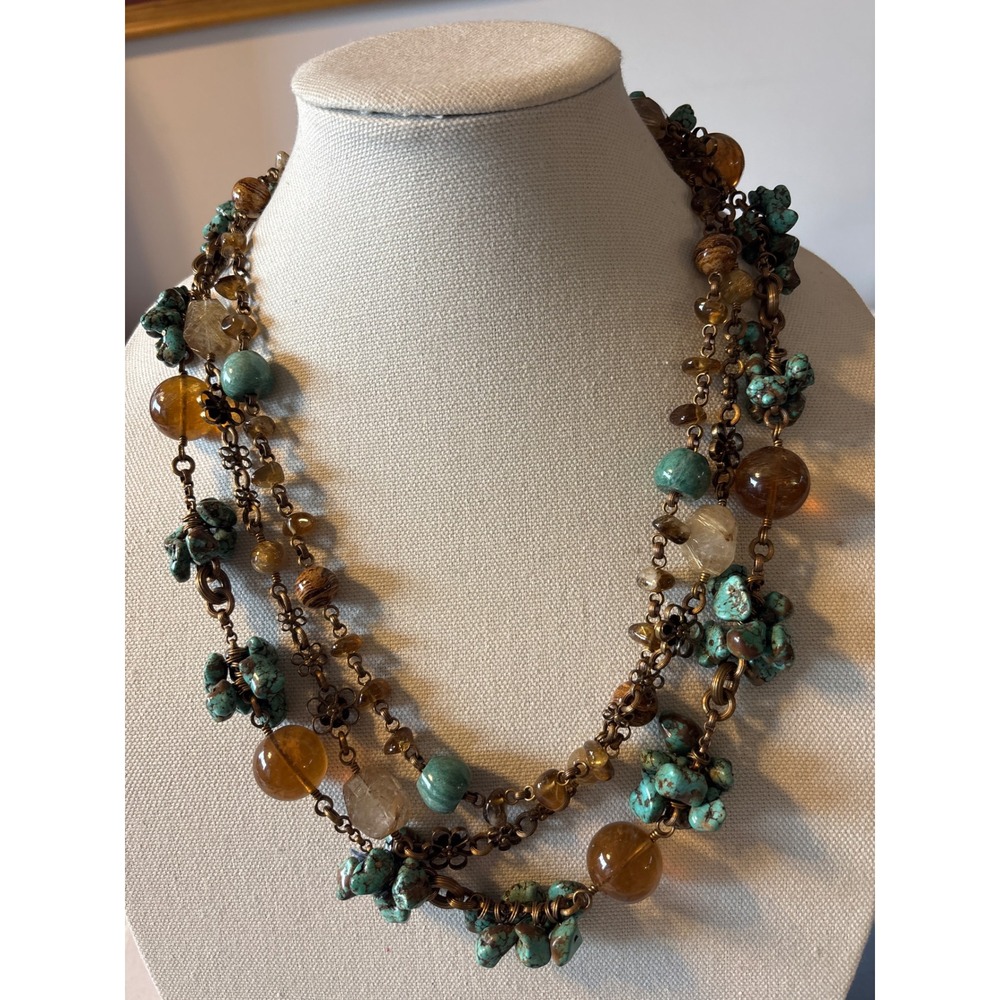 Stephen Dweck Turquoise Amber Citrine Triple Strand Necklace Bronze
